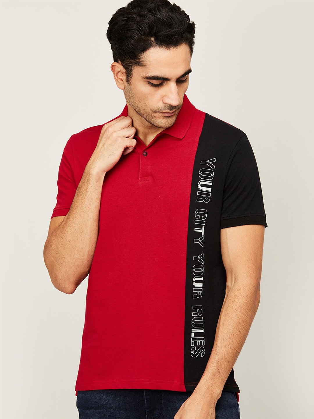 

Bossini Men Red & Black Typography Polo Collar Cotton T-shirt