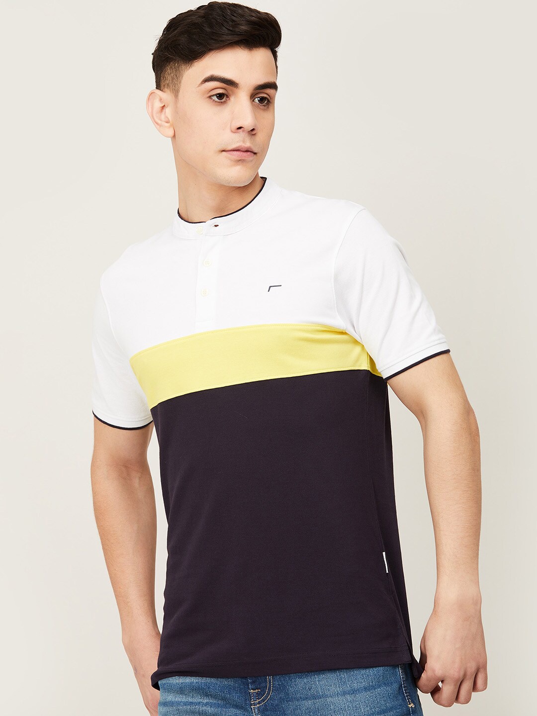 

Fame Forever by Lifestyle Men Navy Blue & White Colourblocked Cotton T-shirt