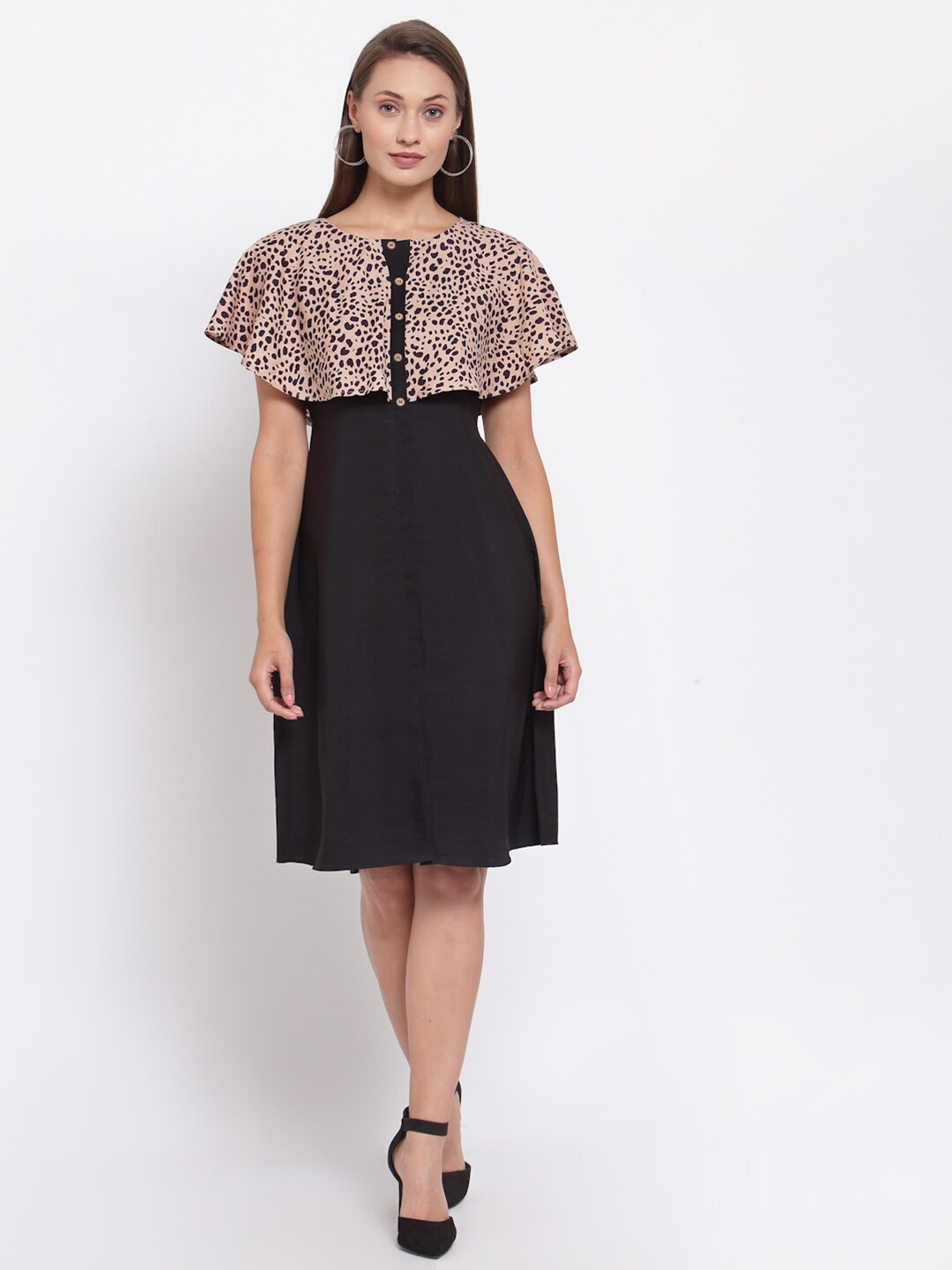 

Selvia Brown & Black Leapord Print Fit & Flare Crepe Dress