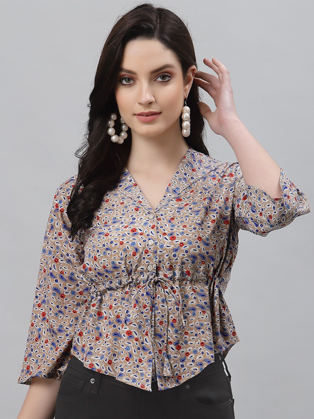 

Selvia Beige Floral Print Crepe Empire Top