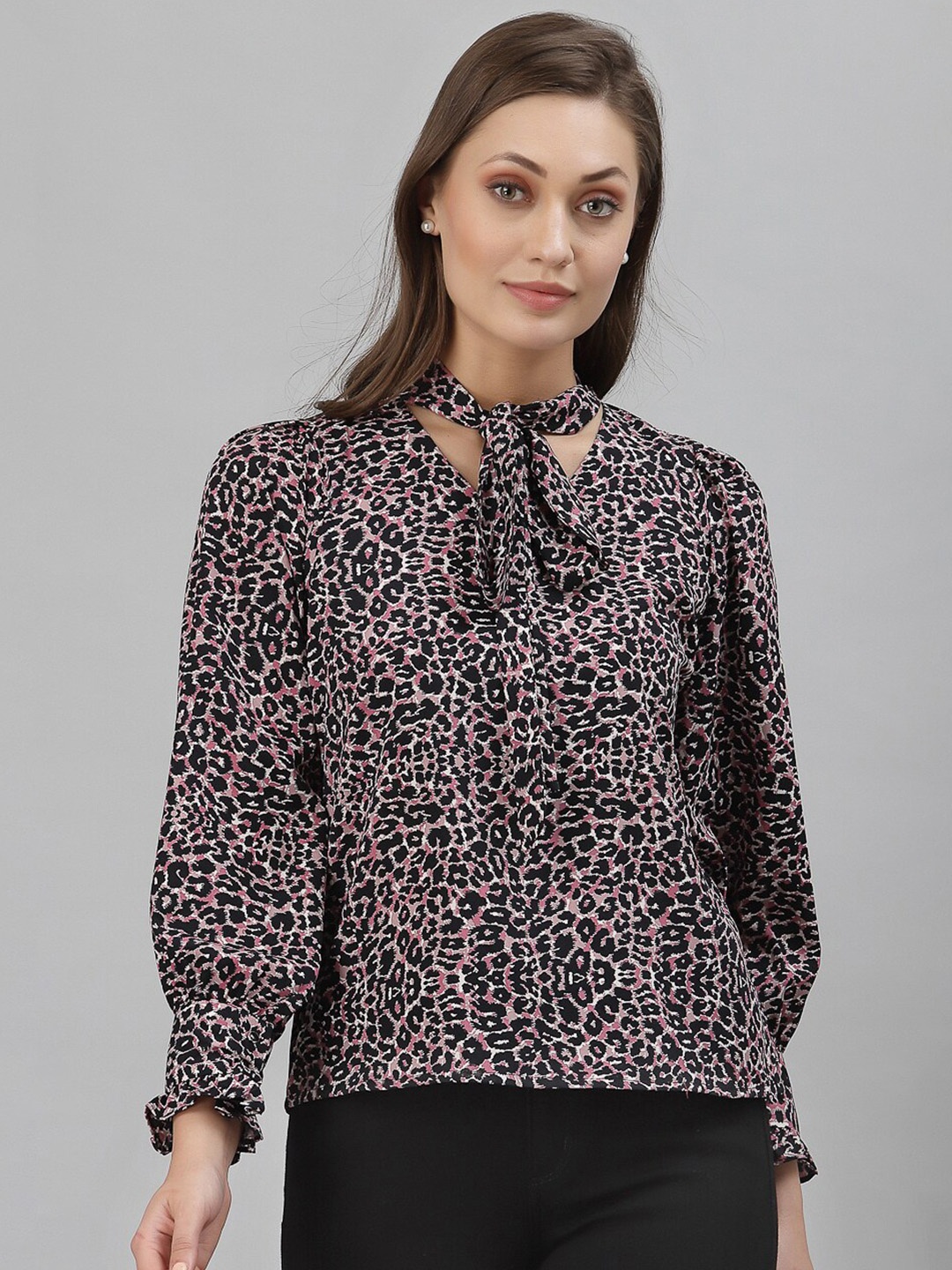 

Selvia Multicoloured Animal Print Tie-Up Neck Crepe Top, Multi