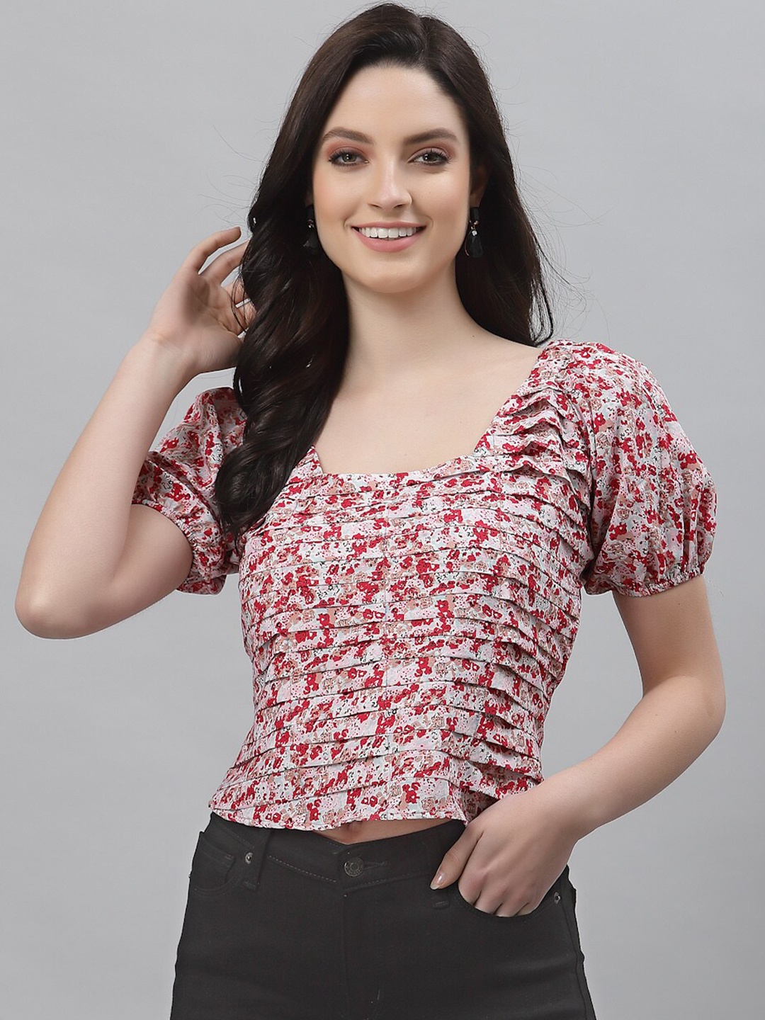 

Selvia Off White & Red Floral Print Smocked Crepe Crop Top