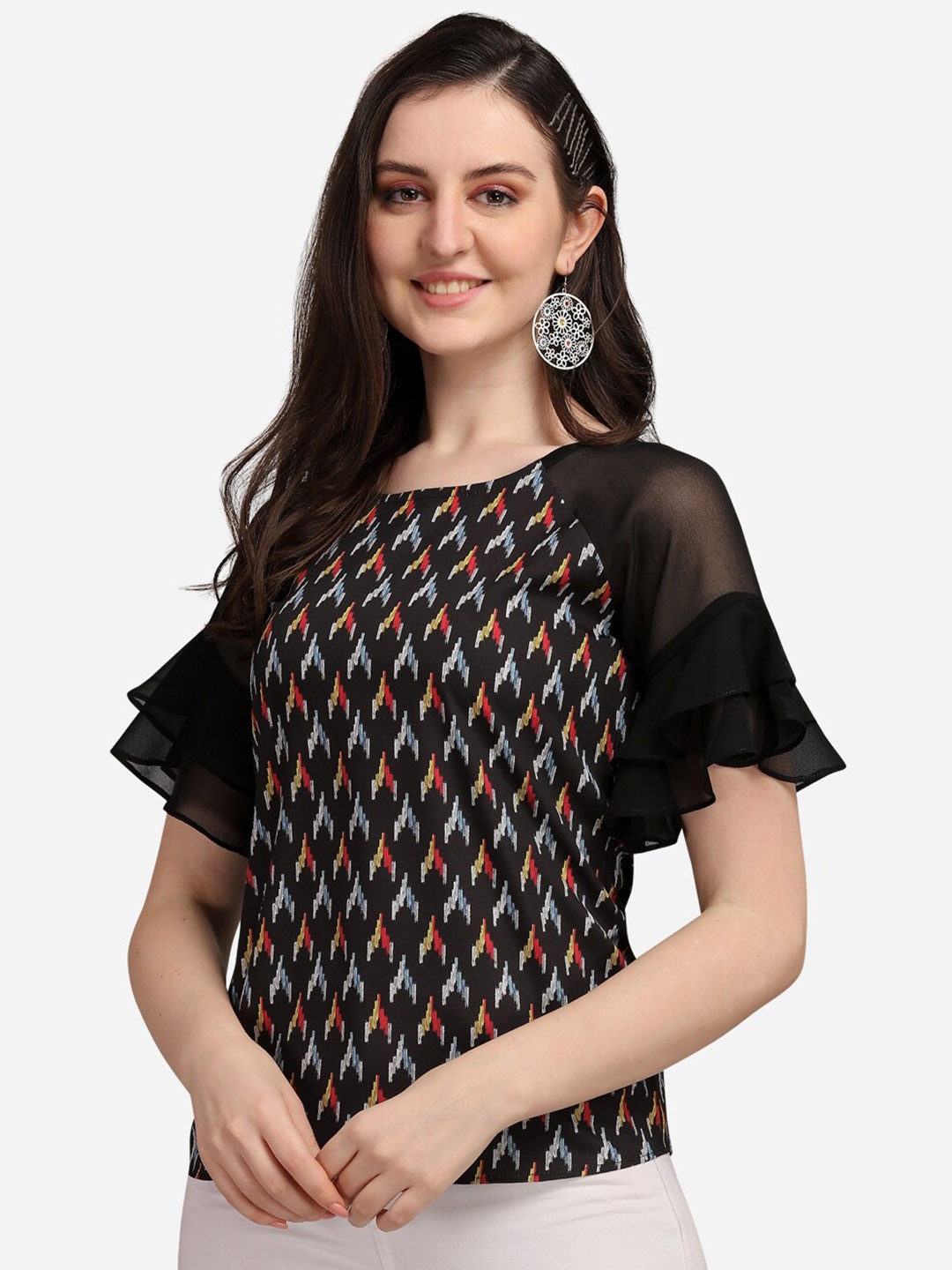 

Selvia Black & Multicoloured Geometric Printed Georgette Top