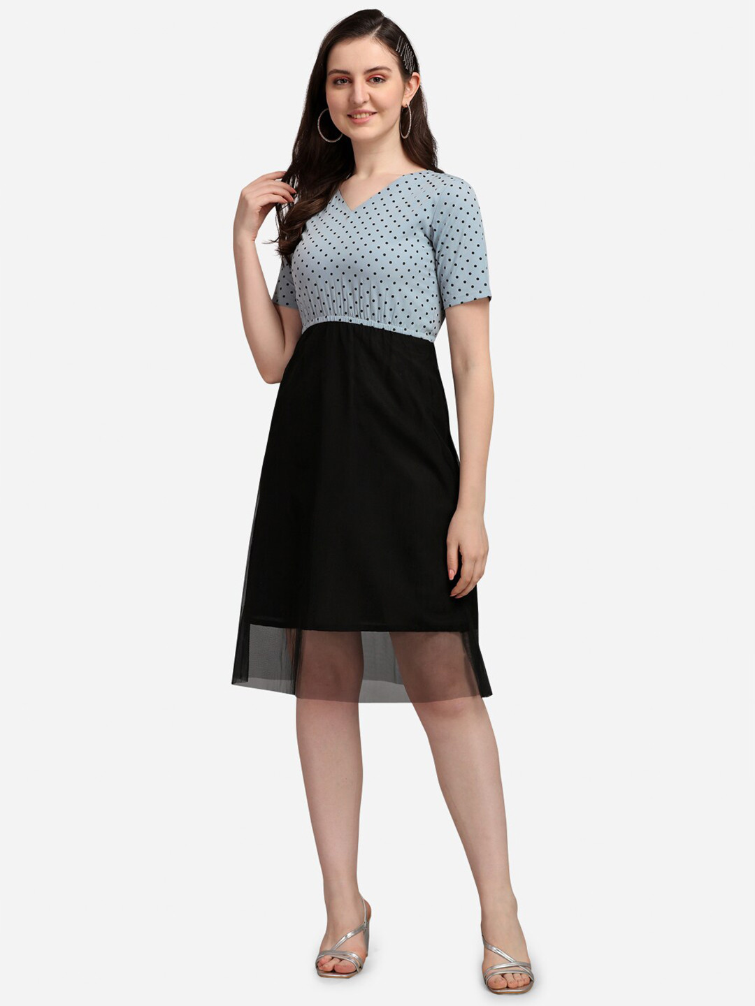 

Selvia Women Grey & Black Printed Crepe A-Line Dress