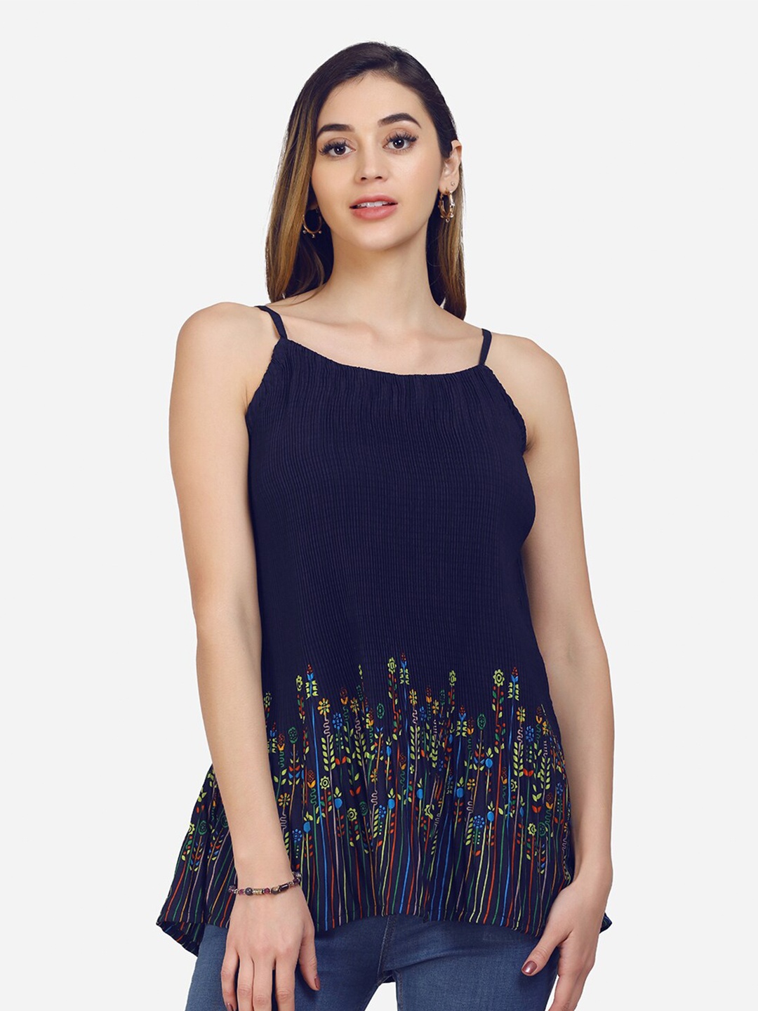 

Selvia Women Navy Blue Floral Print Crepe Top