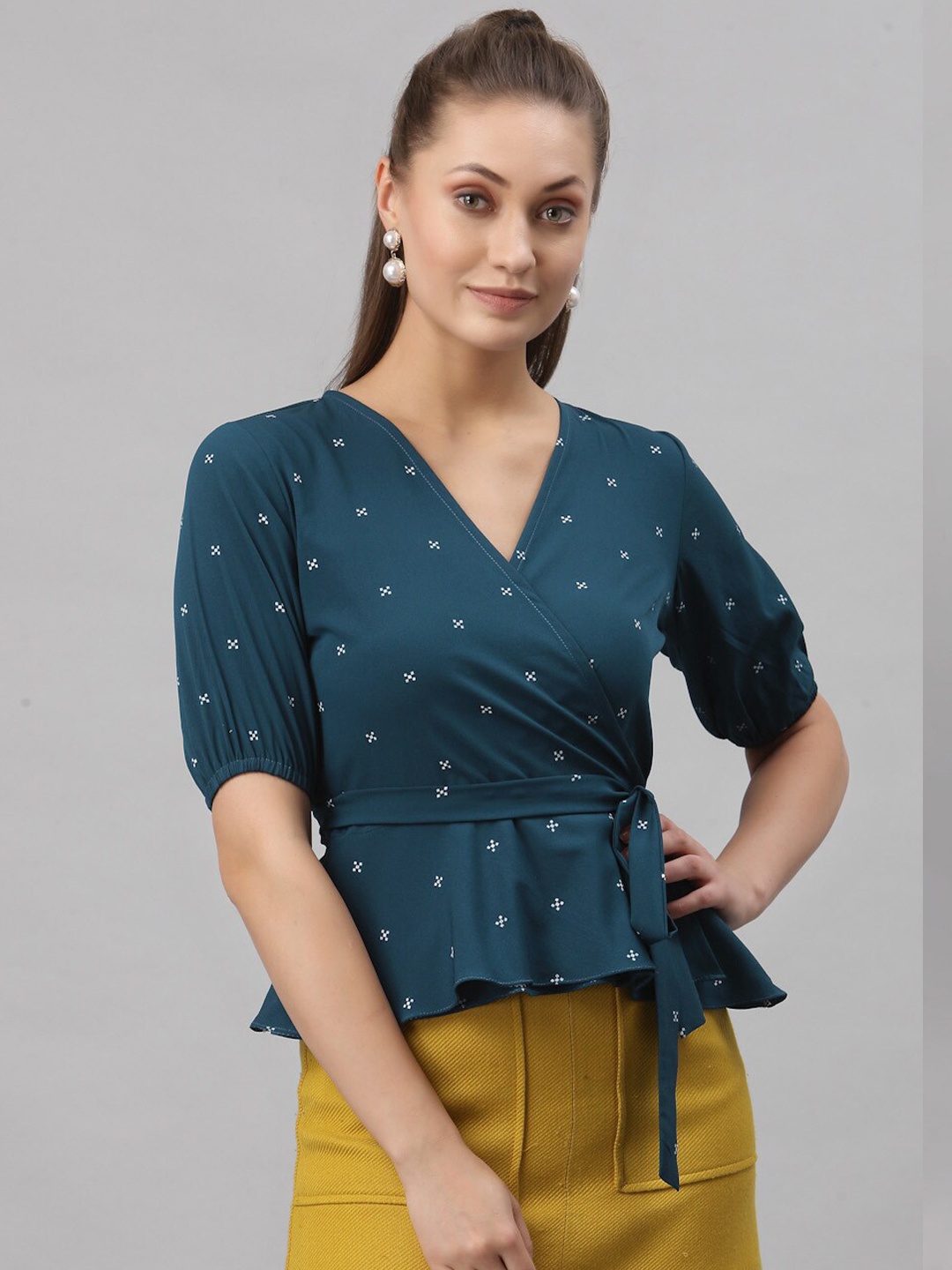 

Selvia Teal Blue Geometric Print Wrap Top