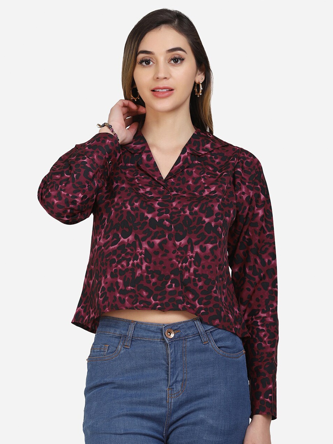 

Selvia Women Maroon & Black Animal Print Crepe Shirt Style Crop Top