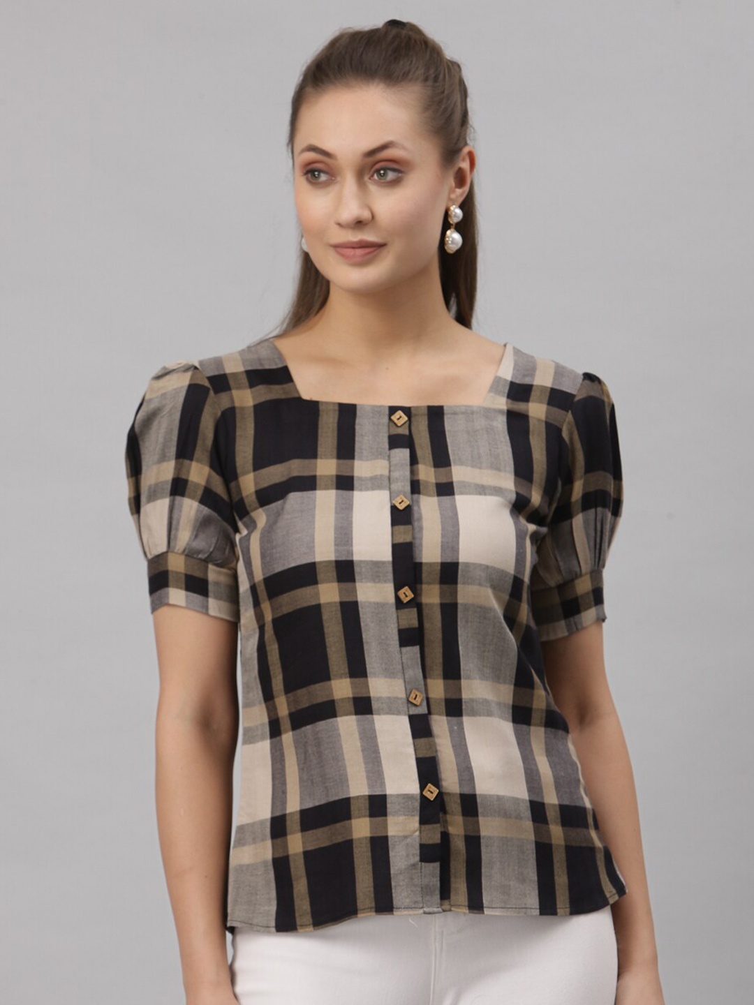 

Selvia Black & Beige Checked Shirt Style Top