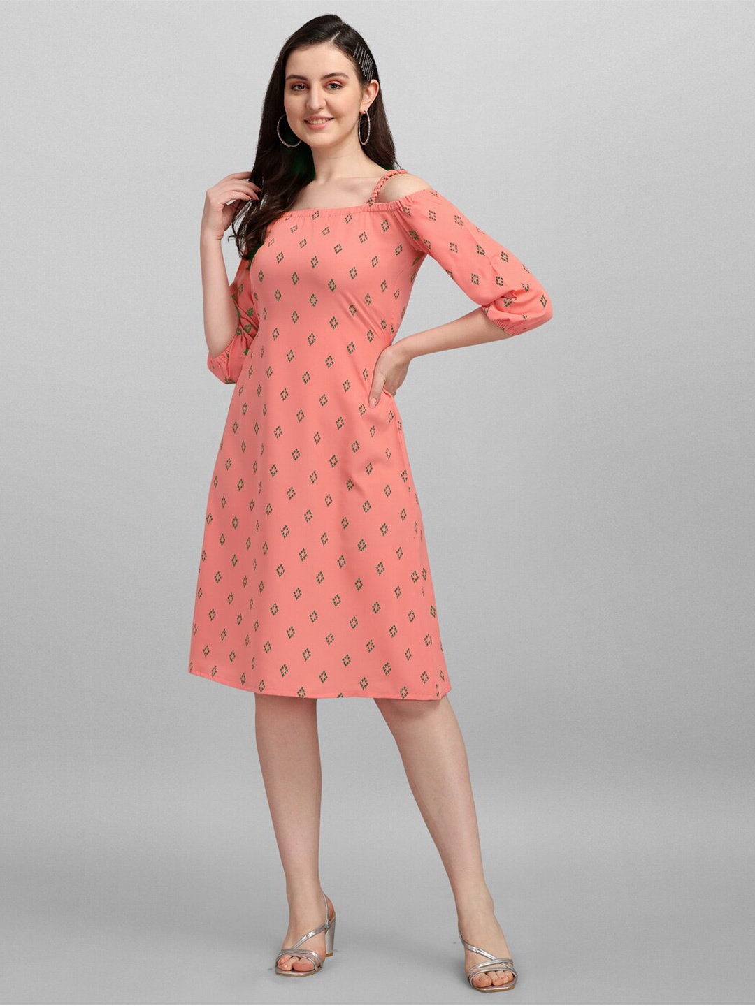 

Selvia Coral Pink & Green Crepe A-Line Dress