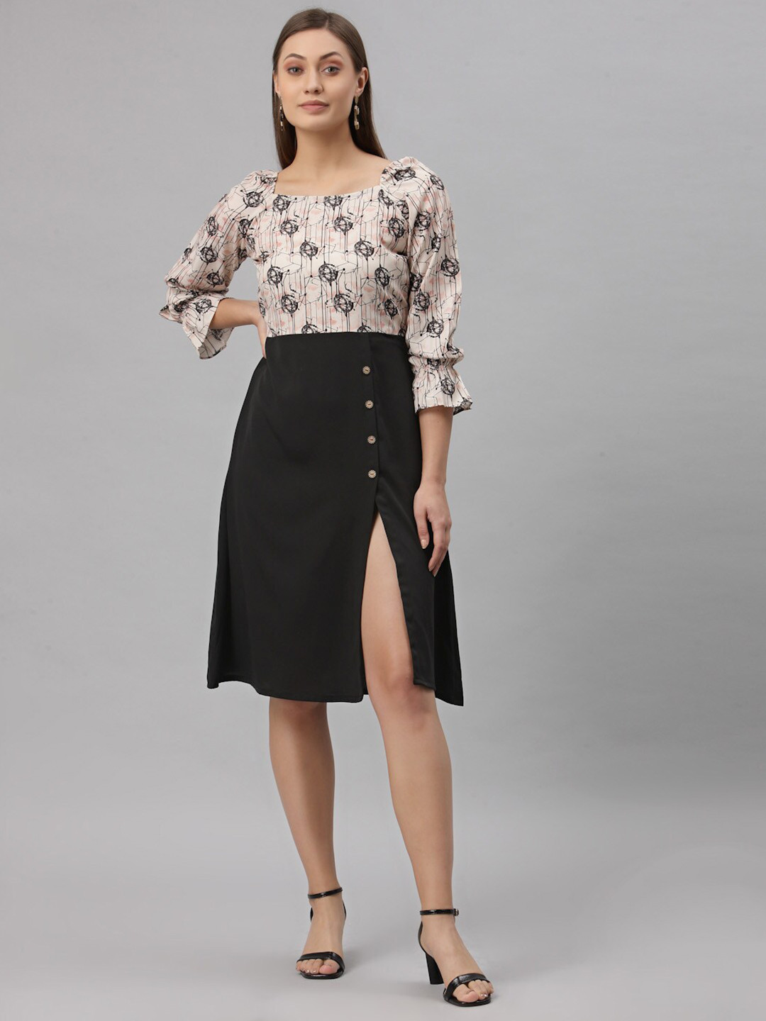 

Selvia Beige Floral Crepe A-Line Dress