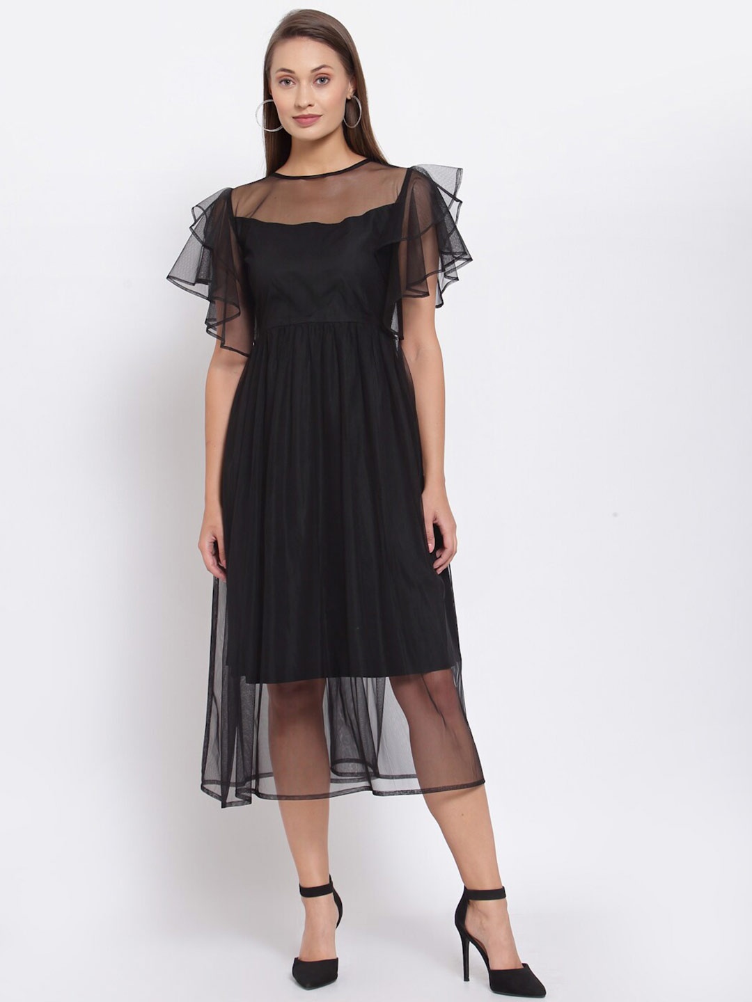 

Selvia Women Black Net Solid Fit and Flare Dress
