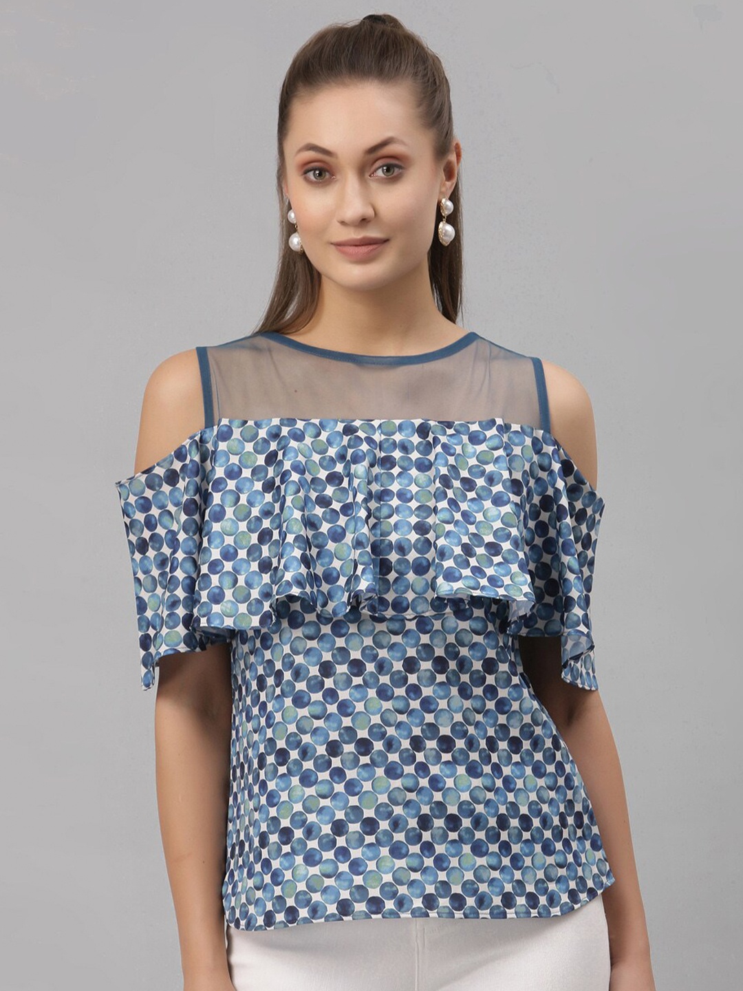 

Selvia Blue & White Print Ruffles Crepe Top