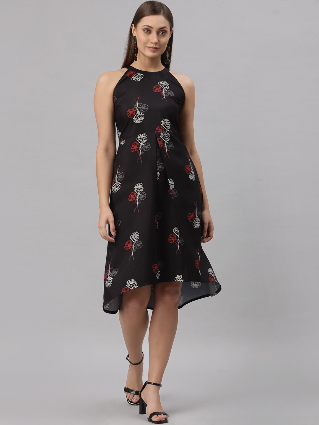 

Selvia Black & Red Floral Halter Neck Crepe Fit & Flared Midi Dress