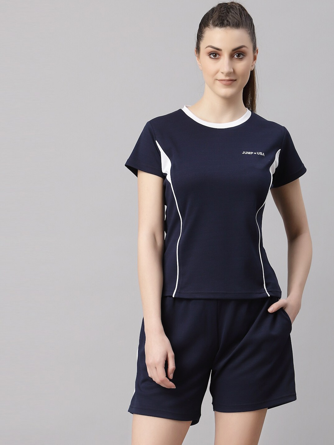 

JUMP USA Women Navy Blue & White Solid Rapid-Dry T-Shirt with Shorts