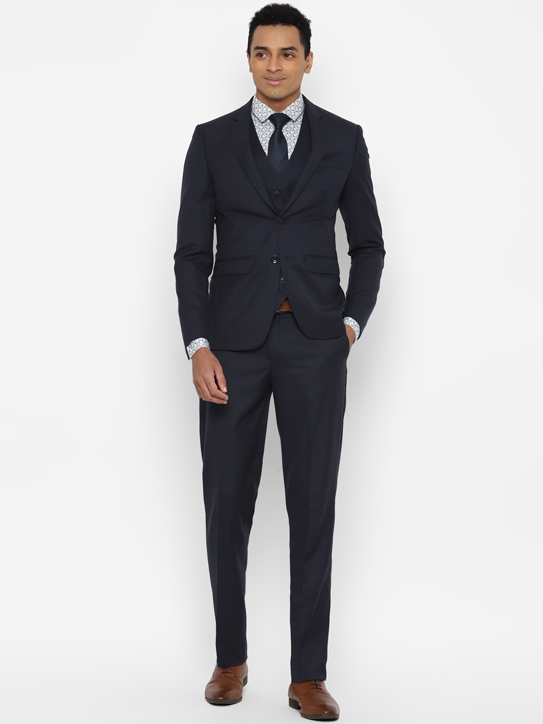 

Allen Solly Men Navy Blue Checked Single-Breasted Slim-Fit 3-Piece Suit