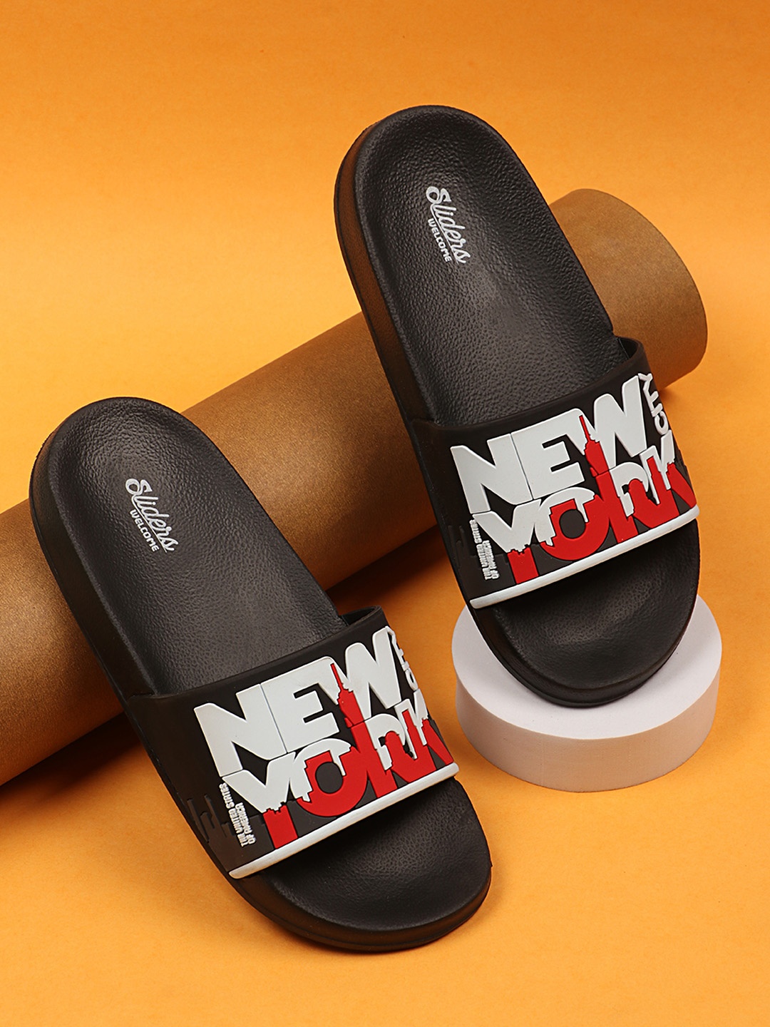 

WELCOME Boys Black & White Printed Sliders