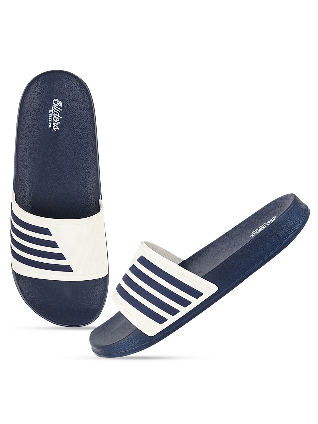 

WELCOME Boys Navy Blue & White Striped Sliders