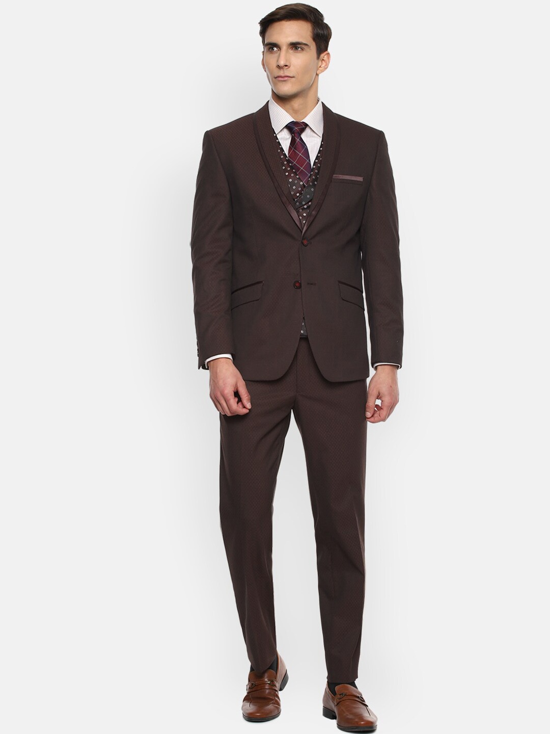 

Van Heusen Men Brown Printed Slim-Fit Single-Breasted 3-Piece Formal Suit