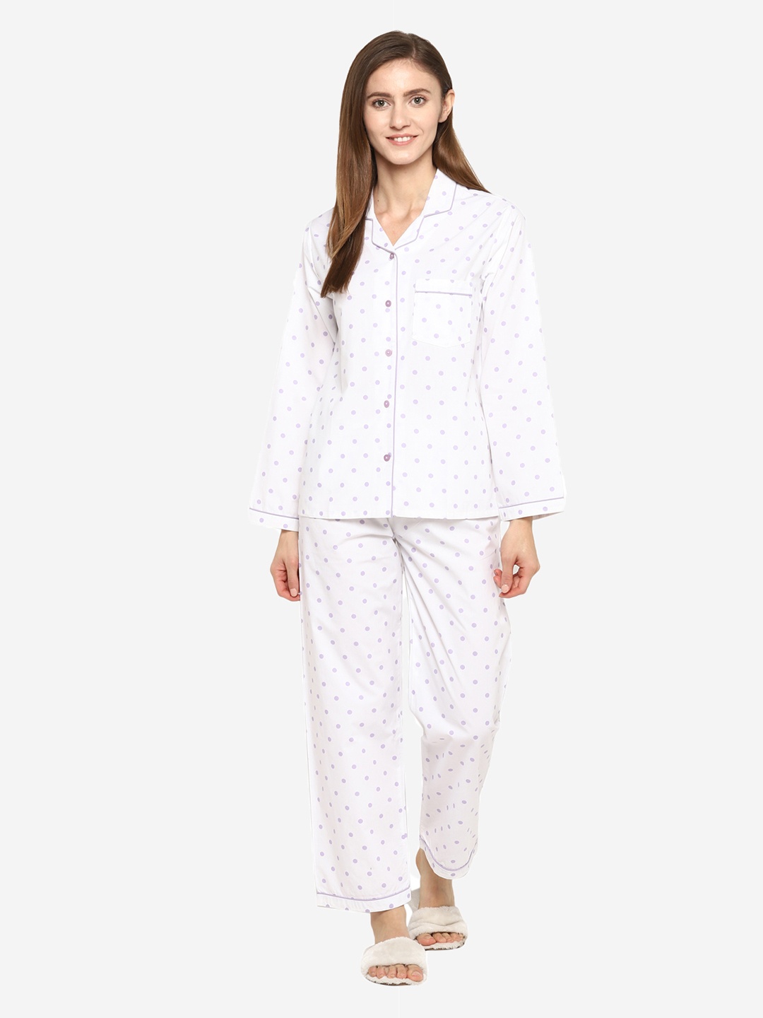 

shopbloom Women White & Purple Polka Dots Printed Cotton Night Suit