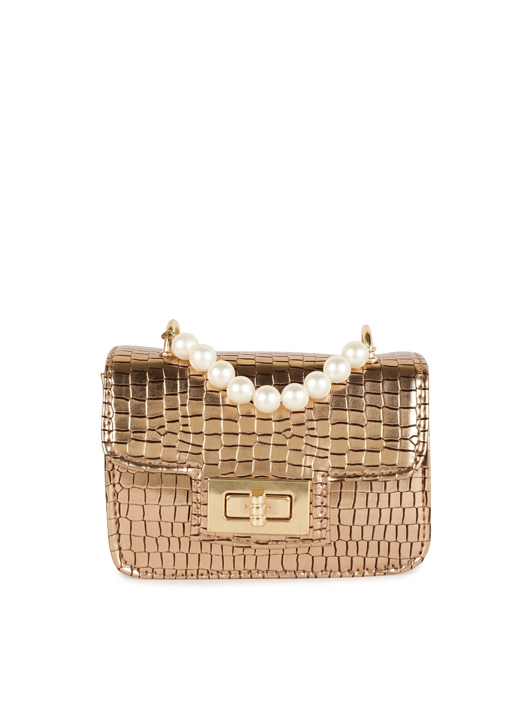 

ZEVORA Gold-Toned & White Croc Textured Box Clutch With Pearls Wrist Loop
