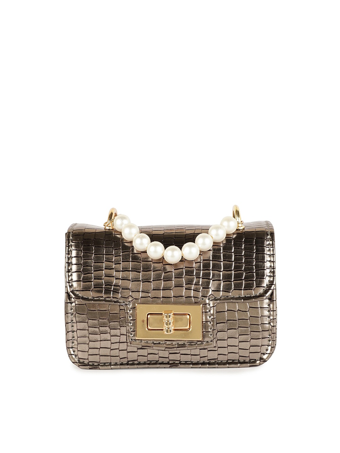 

ZEVORA Gunmetal-Toned & Gold-Toned Textured Box Clutch With Pearls Wrist Loop, Metallic