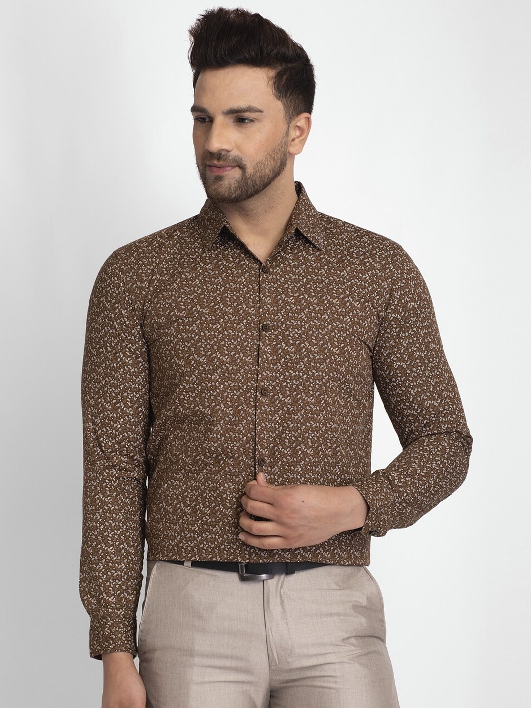 JAINISH Men Coffee Brown Classic Printed Casual Shirt