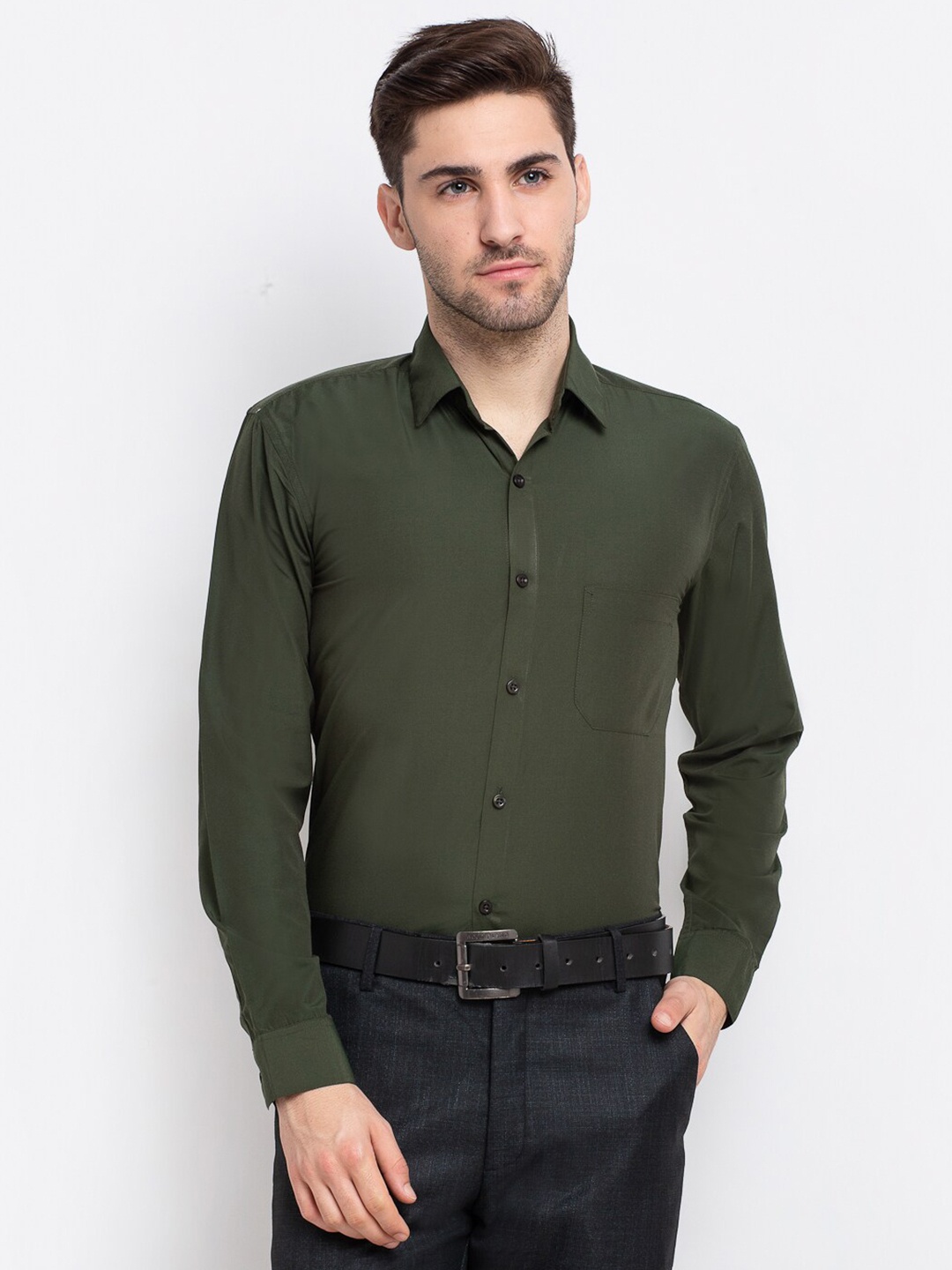 

JAINISH Men Olive Green Classic Formal Cotton Shirt