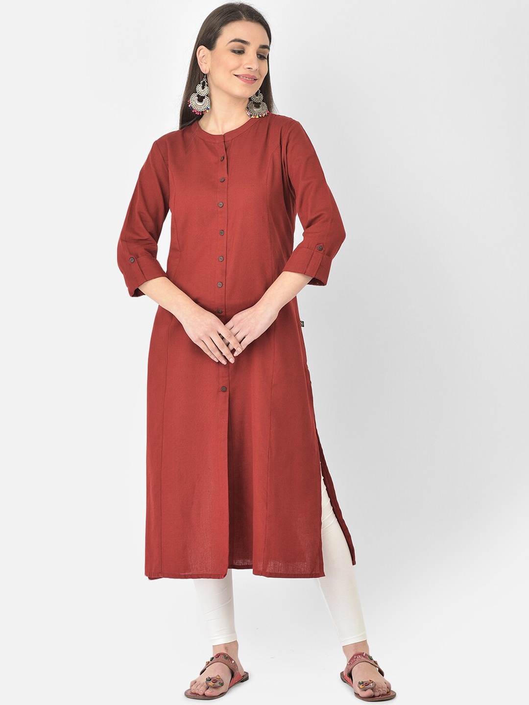 

Pistaa Women Maroon Flared Sleeves Thread Work Kurta