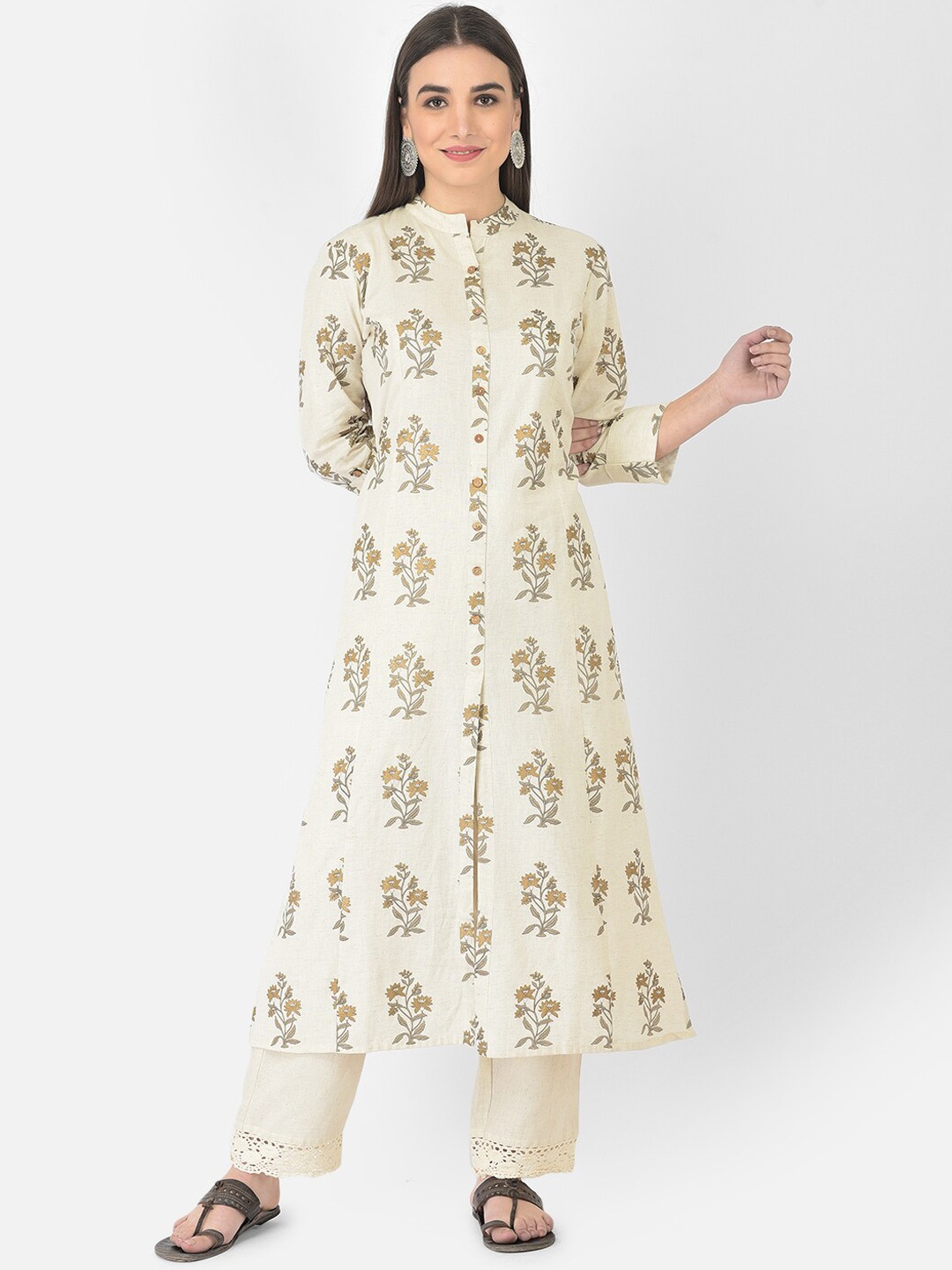 Pistaa Women Grey Floral Printed Floral Cotton Kurta