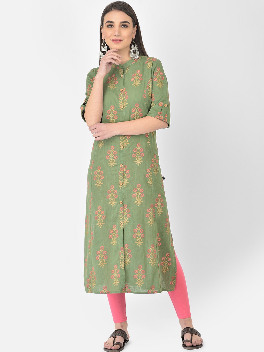 

Pistaa Women Green Floral Printed Straight Kurta