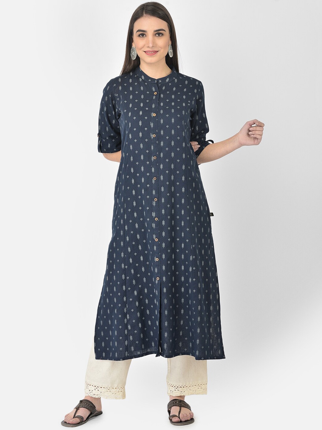 

Pistaa Women Navy Blue Geometric Ikat Printed Thread Work A-Line Kurta