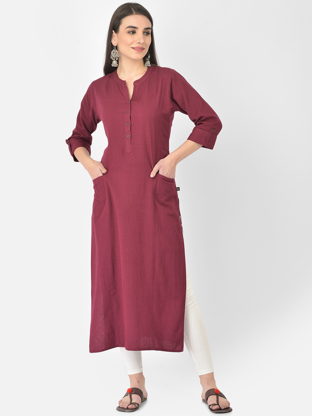 

Pistaa Women Wine Solid Cotton Straight Kurta, Burgundy
