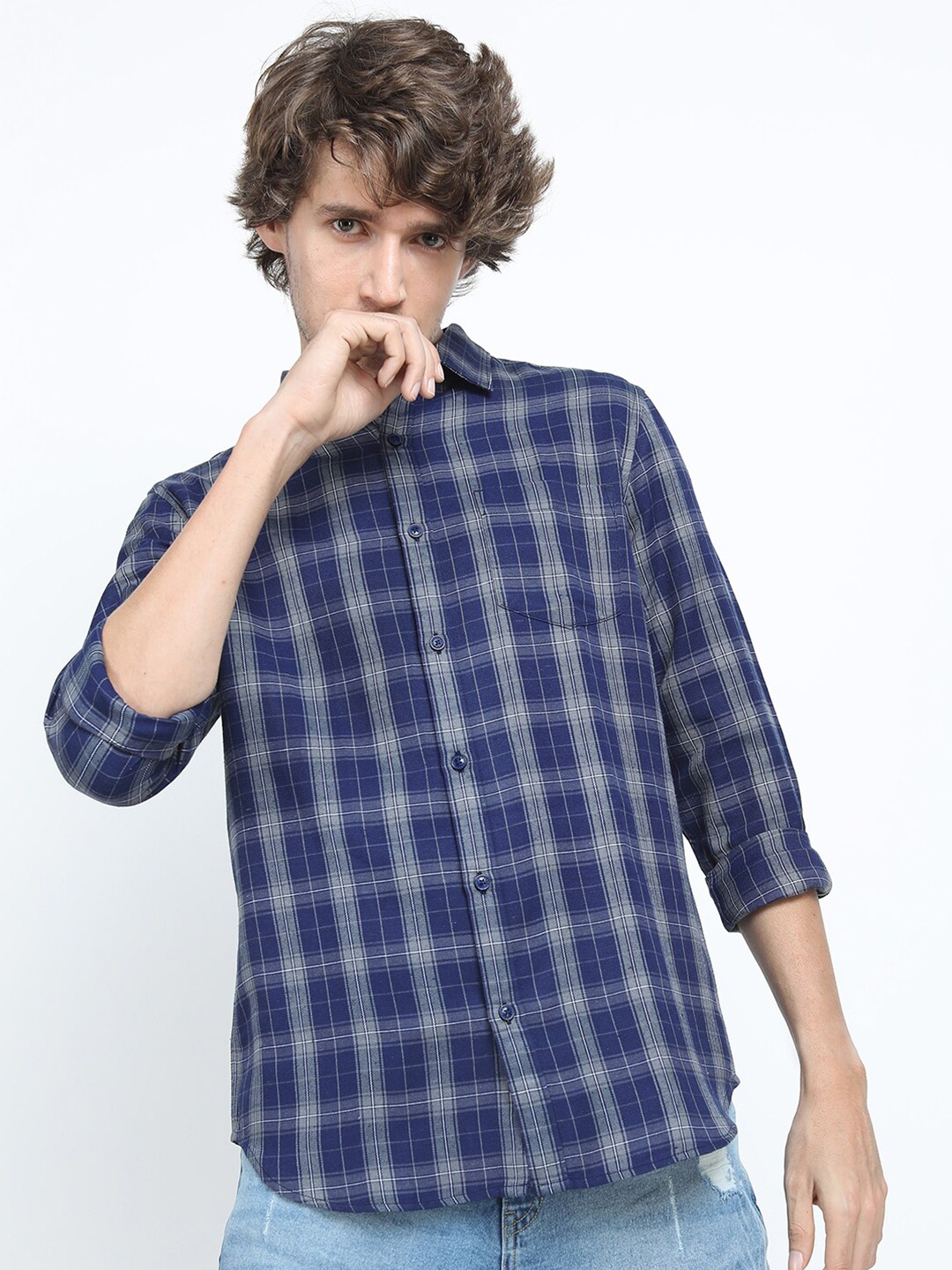 

KETCH Men Navy Blue Slim Fit Checked Casual Shirt