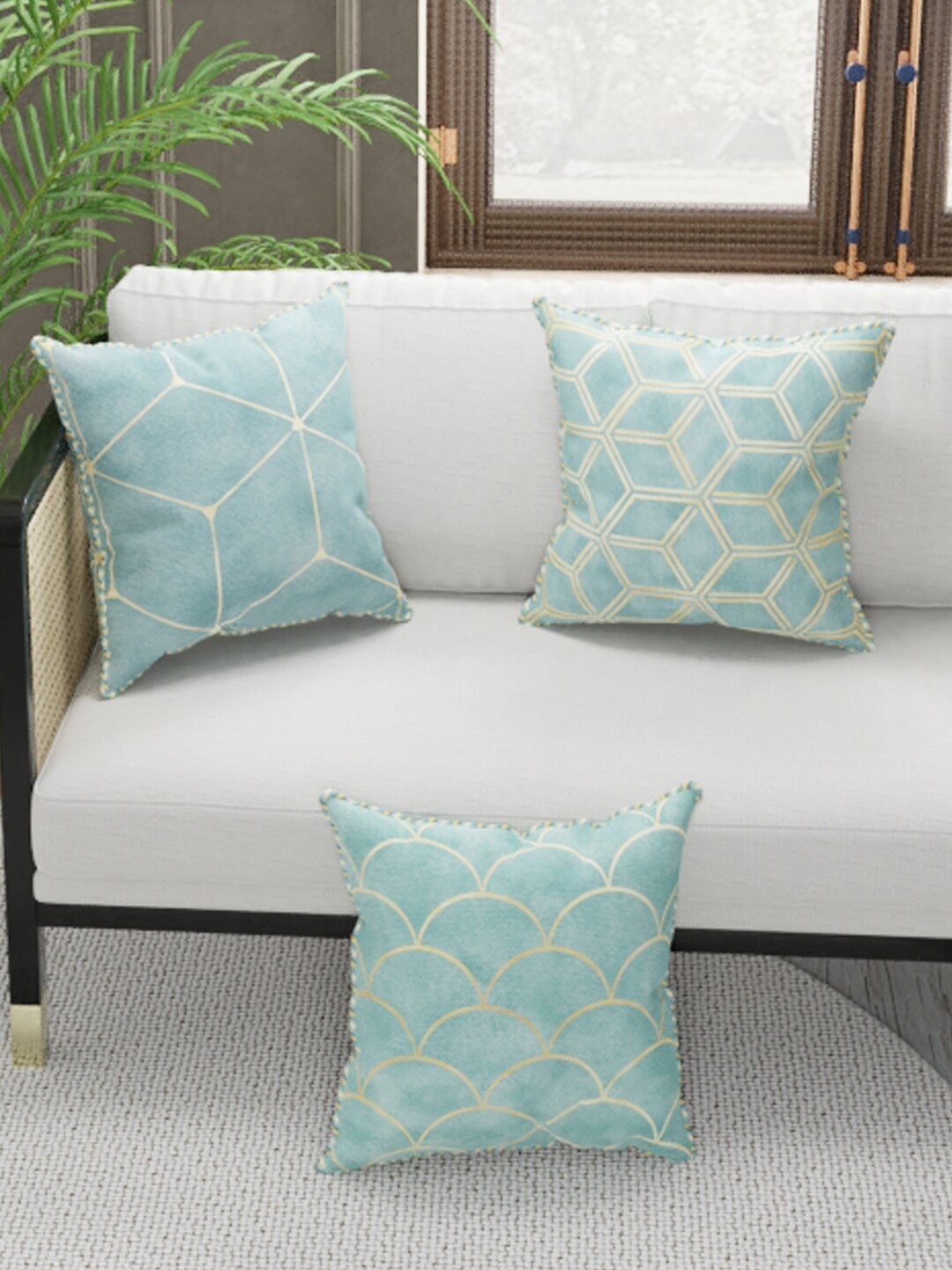 

BIANCA Beige & Turquoise Blue Set of 3 Geometric Square Cushion Covers