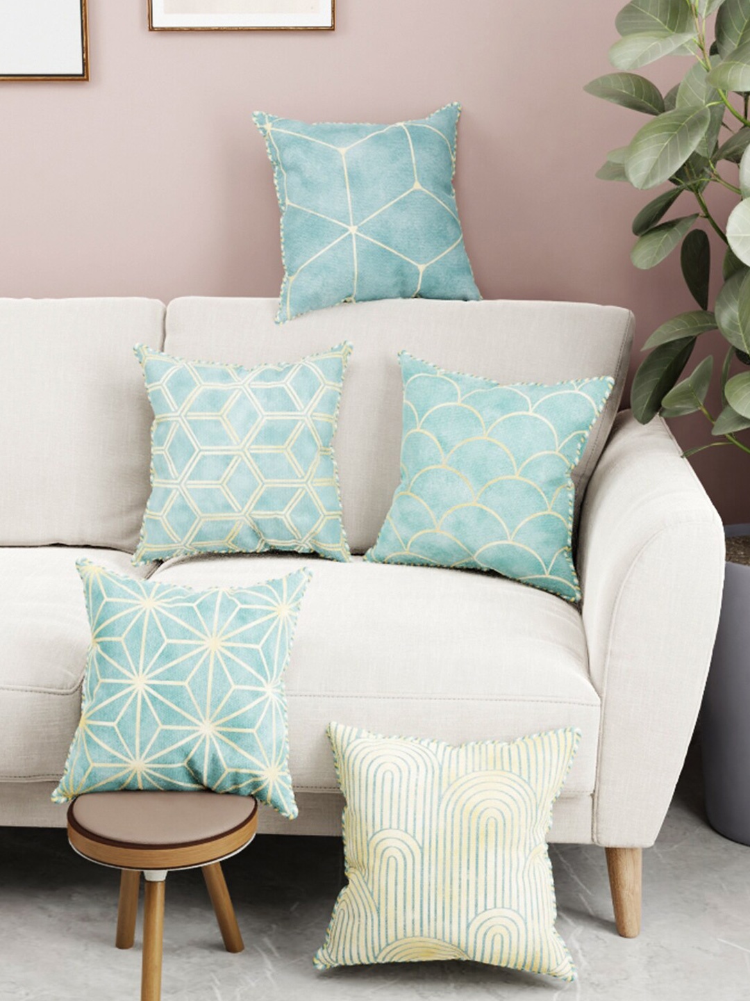 

BIANCA Beige & Teal Set of 5 Geometric Square Cushion Covers