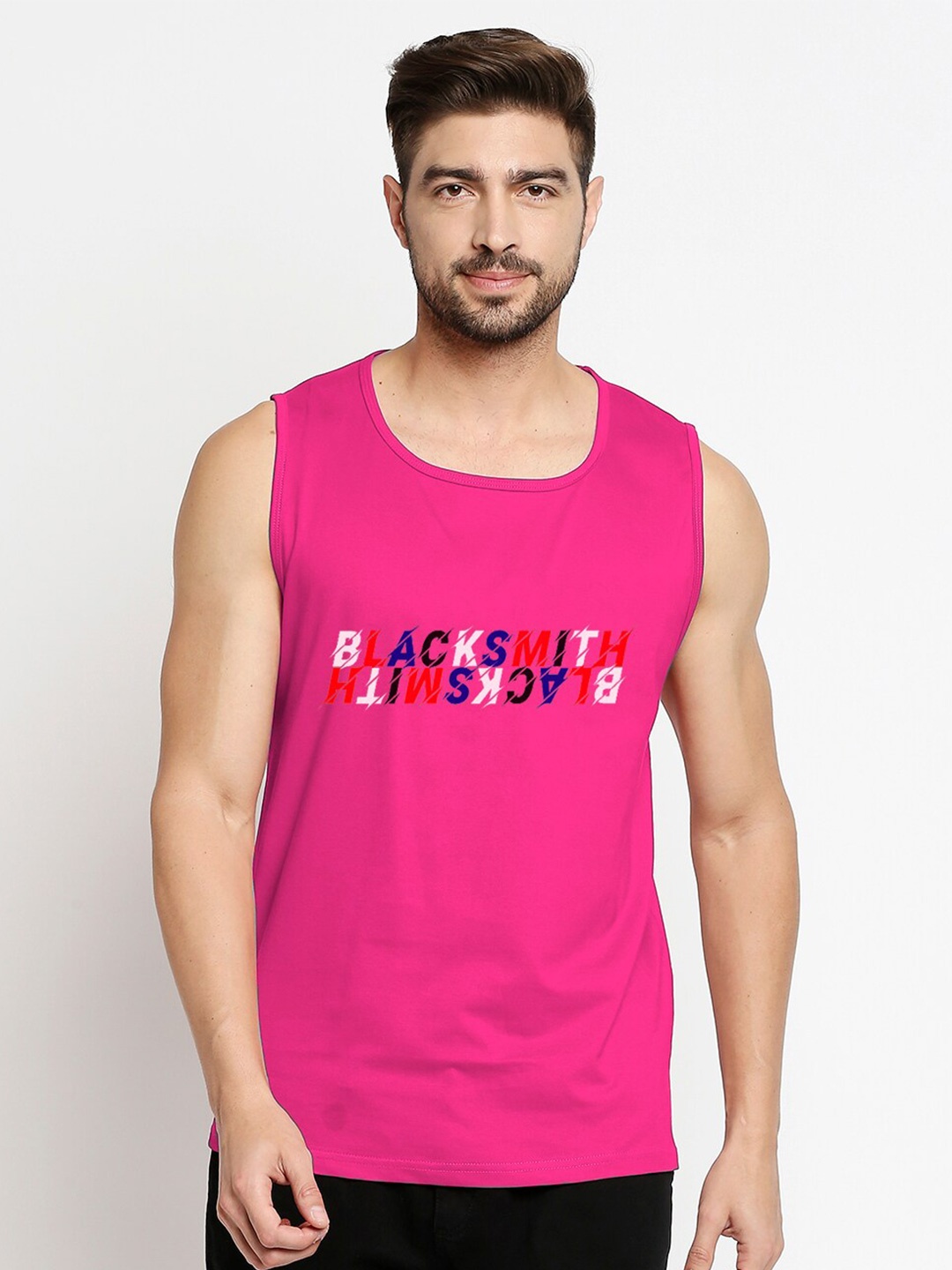 

Blacksmith Men Pink & White Printed Round Neck Cotton Training or Gym T-shirt
