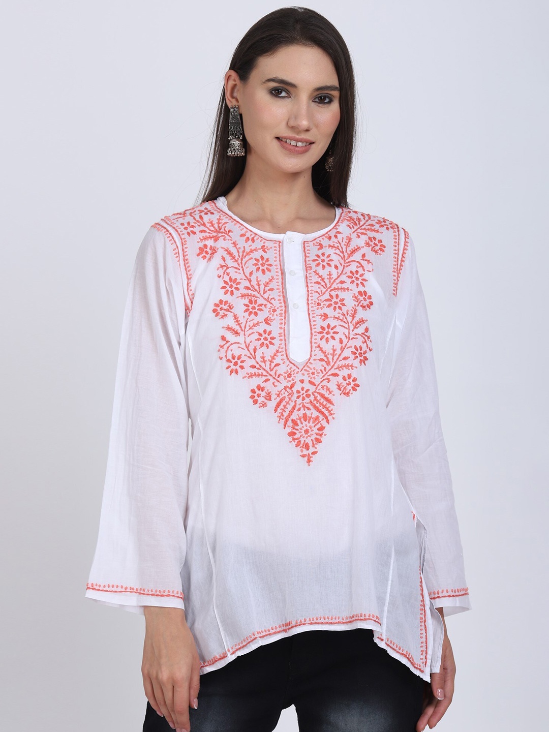 

PARAMOUNT CHIKAN White & Orange Ethnic Motifs Embroidered Chikankari Pure Cotton Kurti