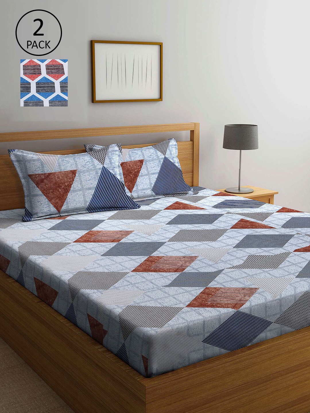

KLOTTHE Blue & Grey Geometric Printed 210 TC 2 King Size Bedsheets With 4 Pillow Covers