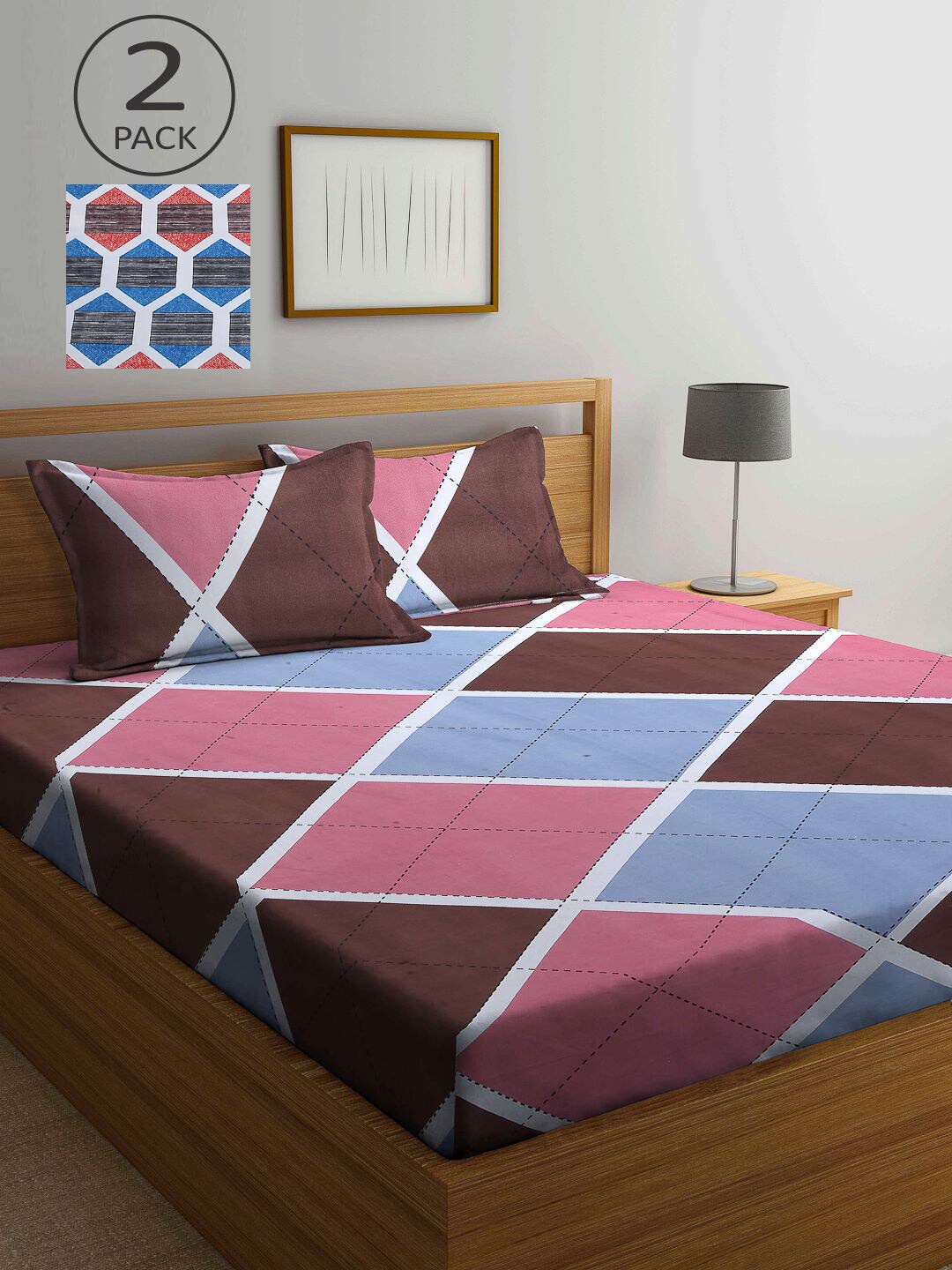 

KLOTTHE Blue & Red Geometric 210 TC Set Of 2 King Bedsheet with 4 Pillow Covers