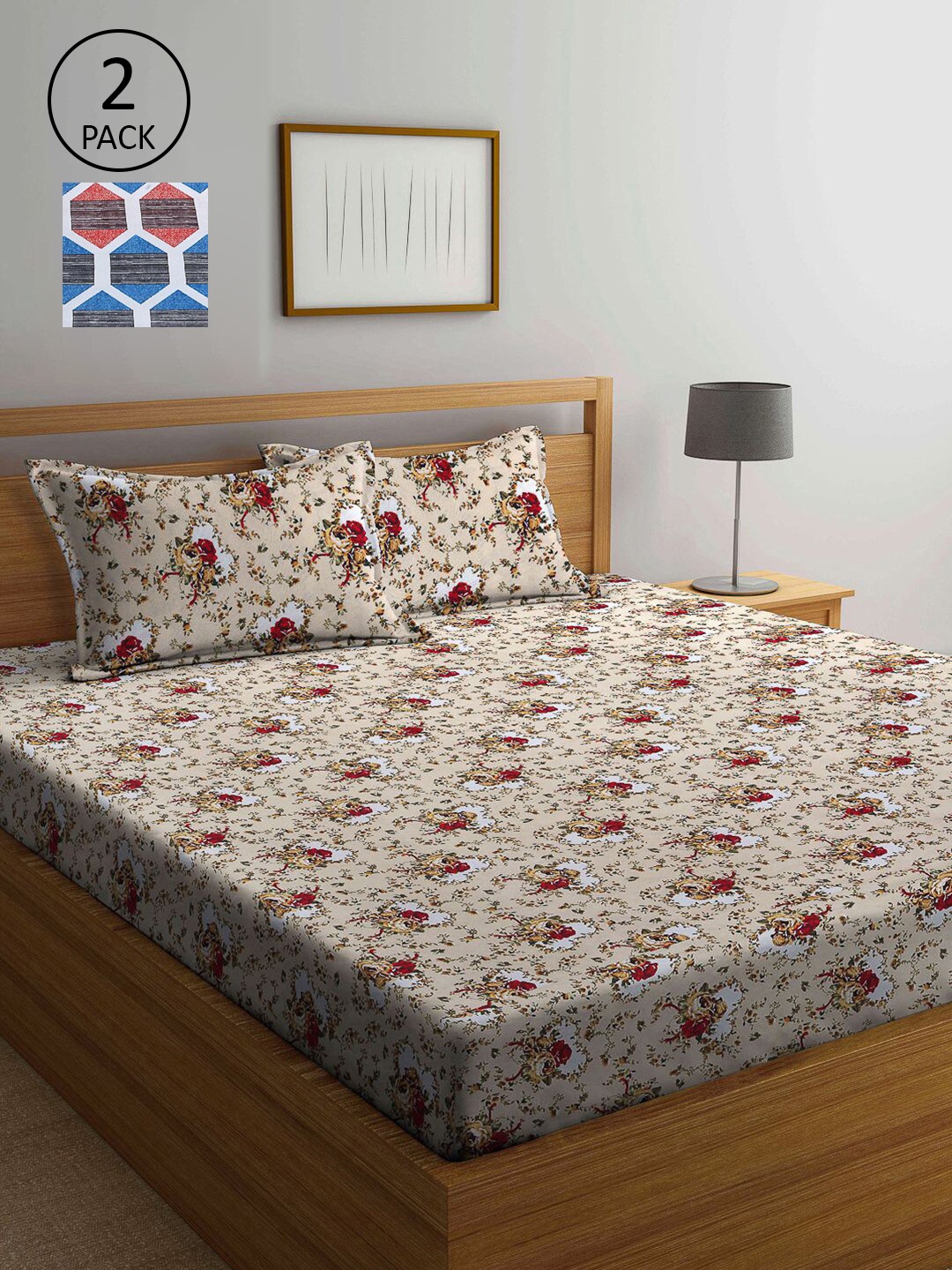 

KLOTTHE Blue & Red Floral 210 TC 2 King Bedsheet with 4 Pillow Covers
