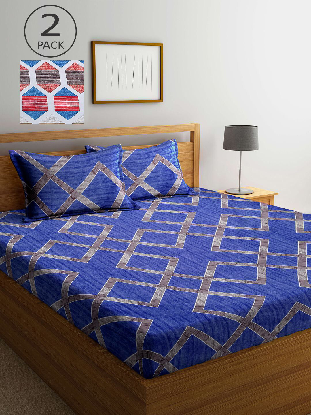 

KLOTTHE Set of 2 Multi 210TC Double Bedsheet with 4 Pillow Covers, Blue