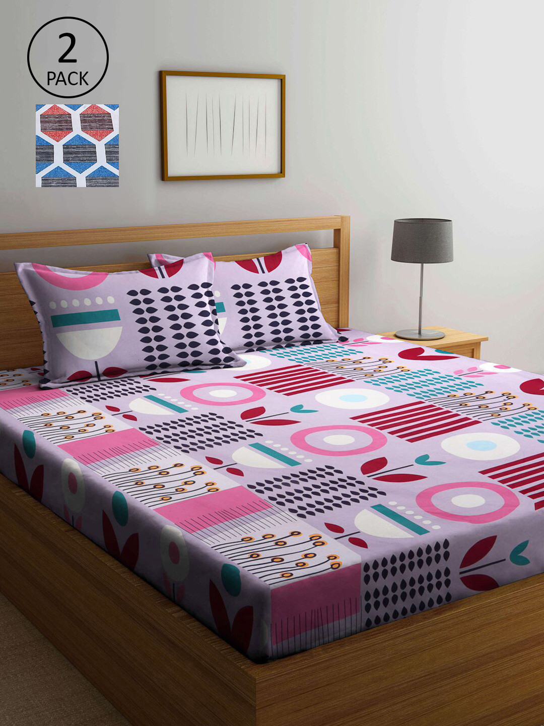 

KLOTTHE Blue & Pink Geometric 210 TC Set Of 2 King Bedsheet with 4 Pillow Covers