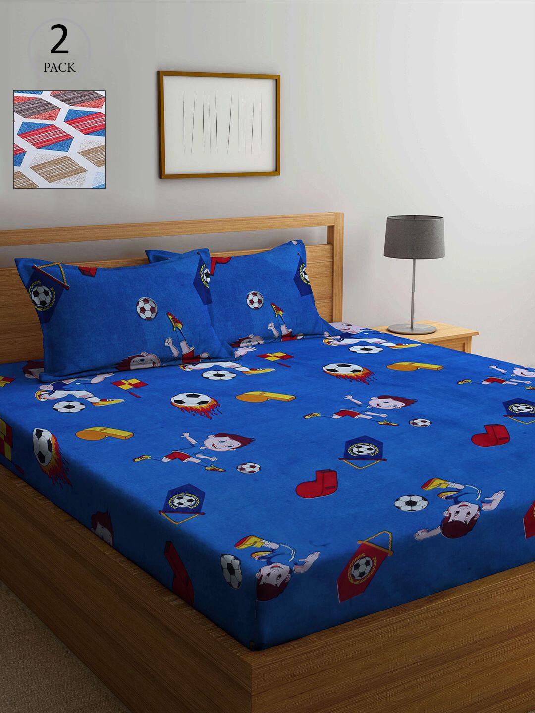 

KLOTTHE Blue & Red Cartoon Printed 210 TC 2 King Size Bedsheets With 4 Pillow Covers