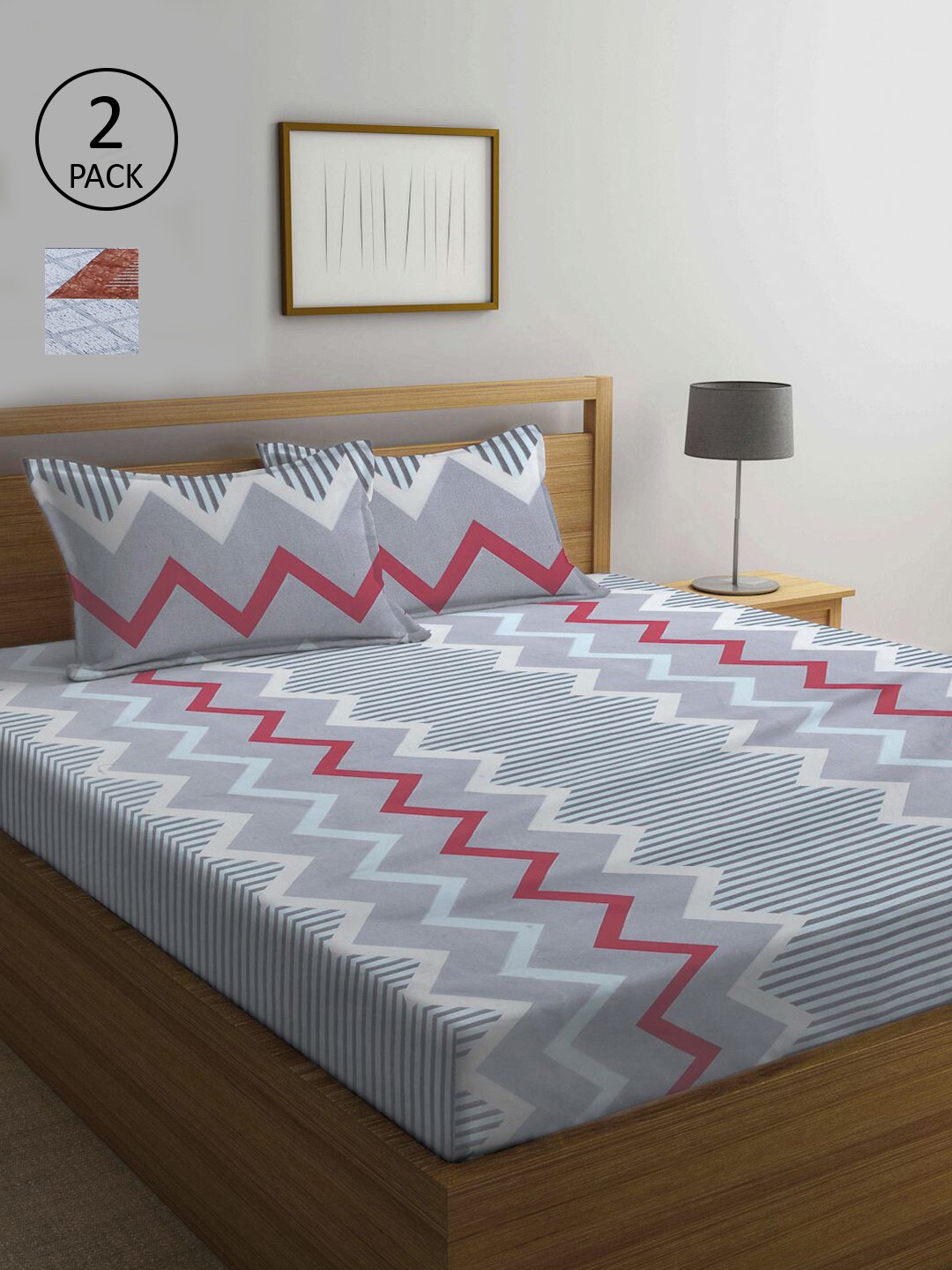 

KLOTTHE Grey & Multicoloured Geometric 210 TC Set Of 2 King Bedsheet with 4 Pillow Covers