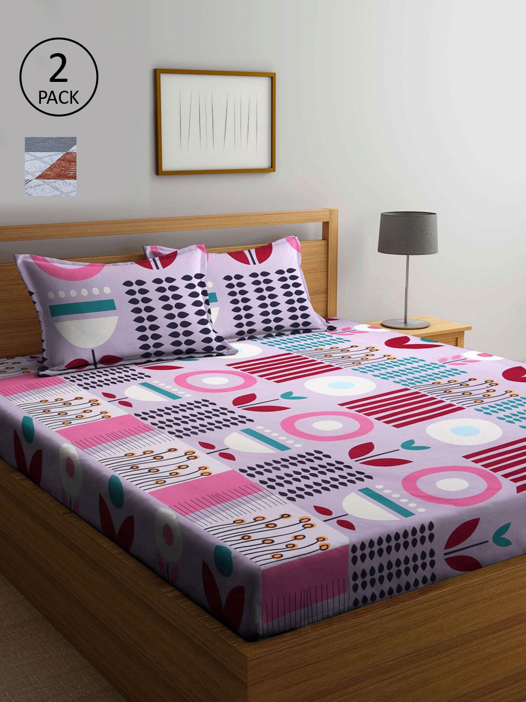 

KLOTTHE Set Of 2 Grey & Pink Geometric 210 TC King Bedsheet with 4 Pillow Covers