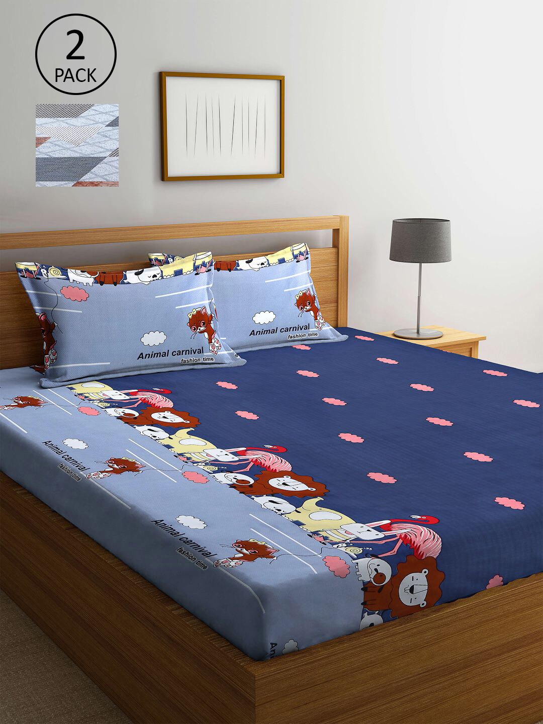 

KLOTTHE Multi Color Cartoon Characters 210 TC 2 King Bedsheets with 4 Pillow Covers