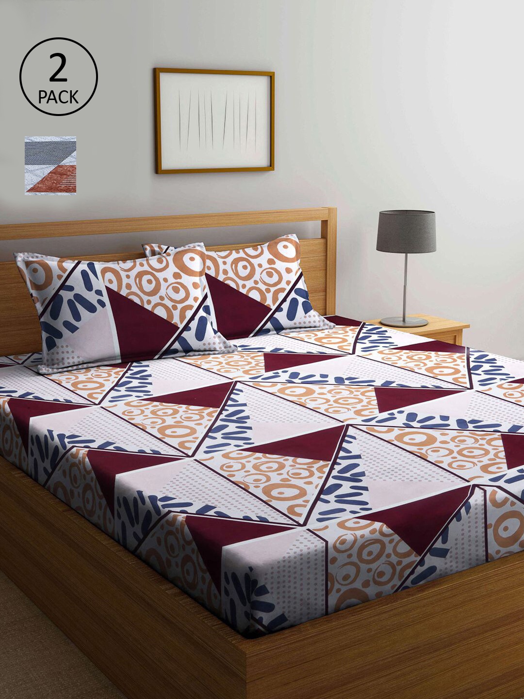 

KLOTTHE White & Maroon Geometric 210 TC 2 King Bedsheet with 4 Pillow Covers