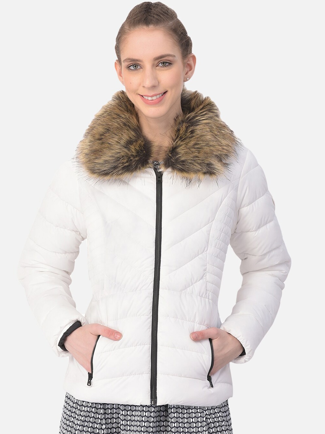 

Woodland Women White Solid Quilted Jacket with Faux Fur Trim