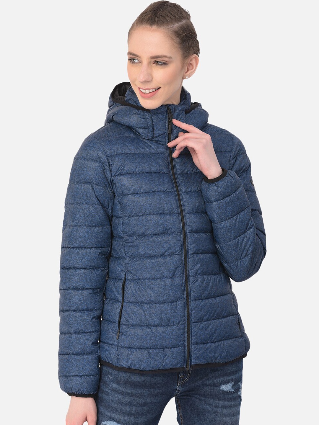 

Woodland Women Navy Blue Abstract Printed Hooded Puffer Jacket