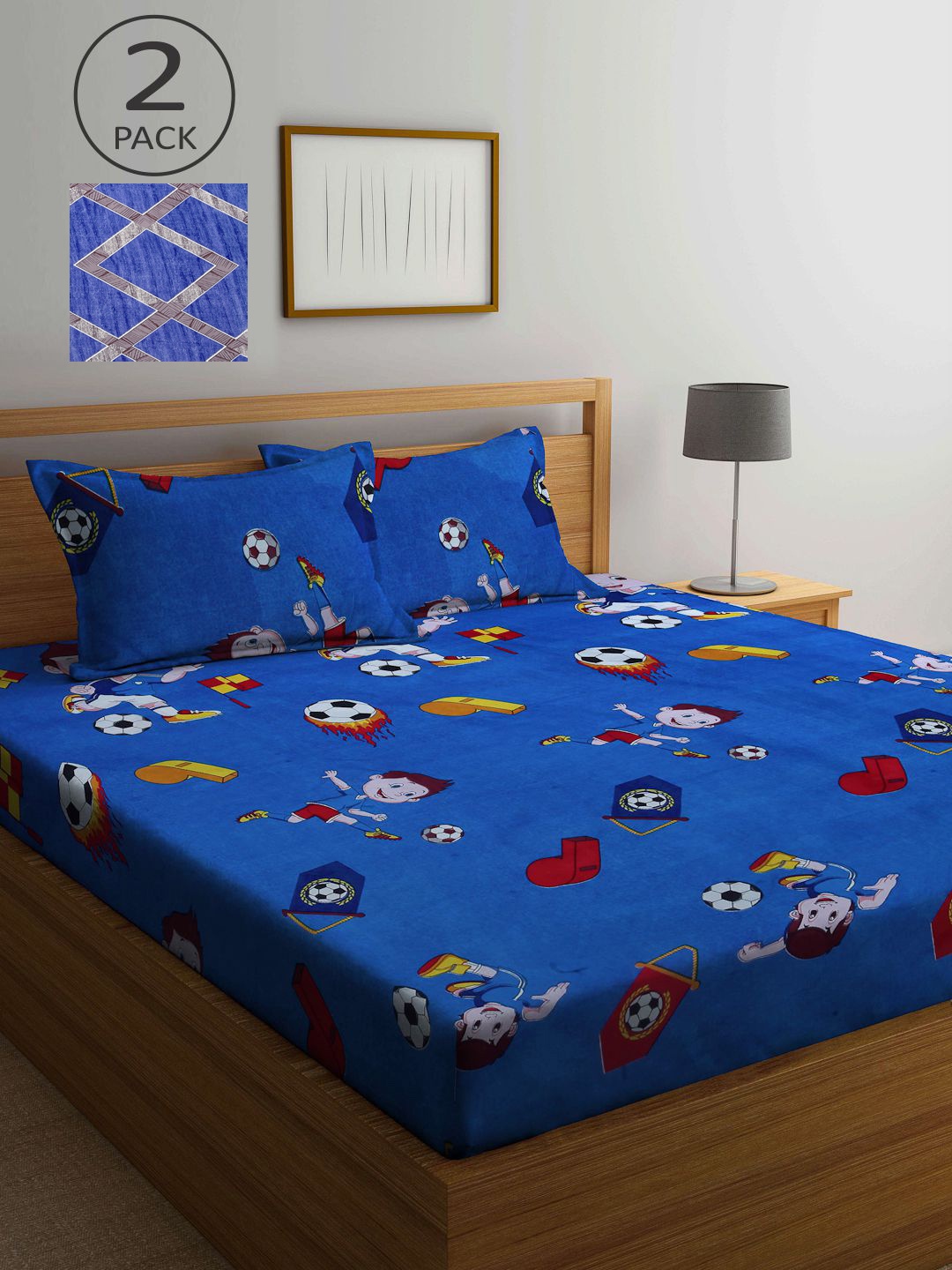 

KLOTTHE Blue & Red Cartoon Printed 300 TC 2 King Bedsheet with 4 Pillow Covers